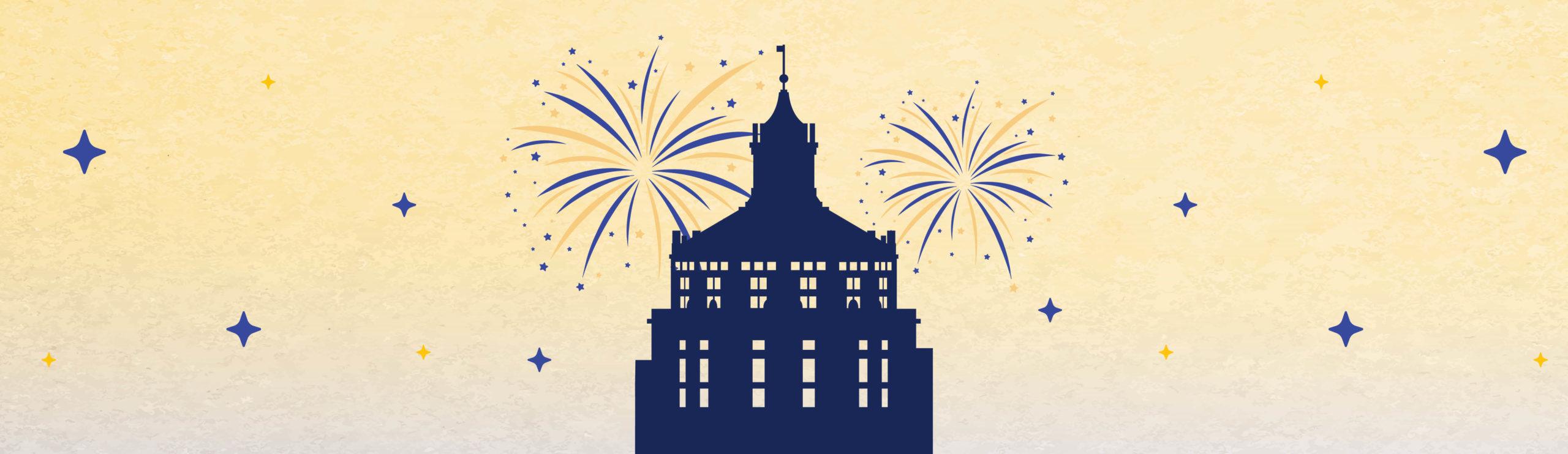 illustrated image of rush rhees library tower and fireworks